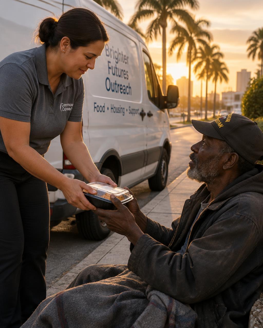 An outreach worker handing a hot meal to a homeless veteran beside the mobile outreach van at golden hour