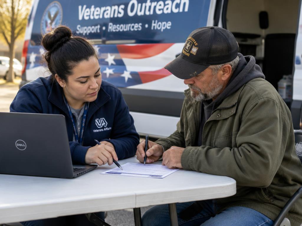 A caseworker helping a veteran complete a short financial assistance form beside an outreach van