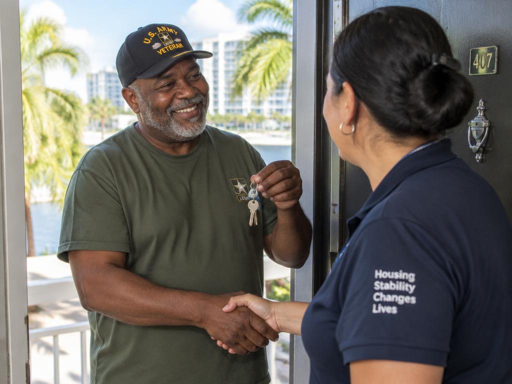 A veteran receiving keys to his new apartment from a caseworker